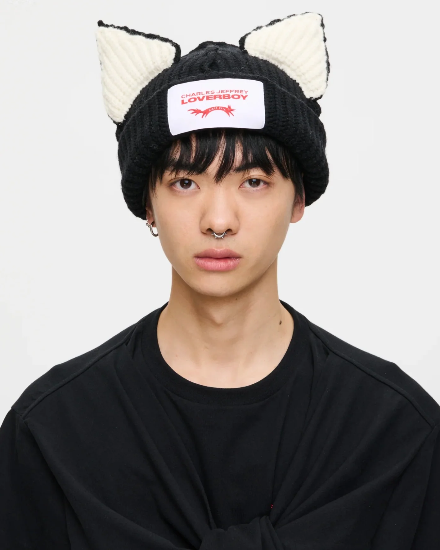 LOVERBOY BY CHARLES JEFFREY CHUNKY EARS BEANIE in BLACK / ECRU - Image 4