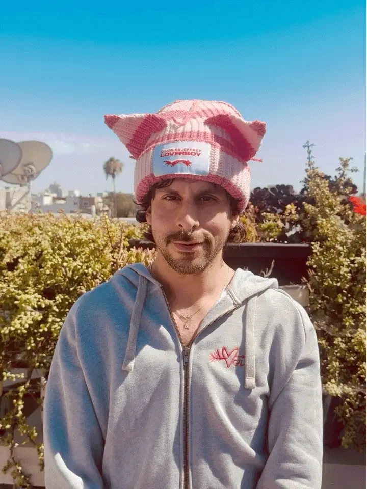 LOVERBOY BY CHARLES JEFFREY CHUNKY EARS BEANIE in PINK STRIPE