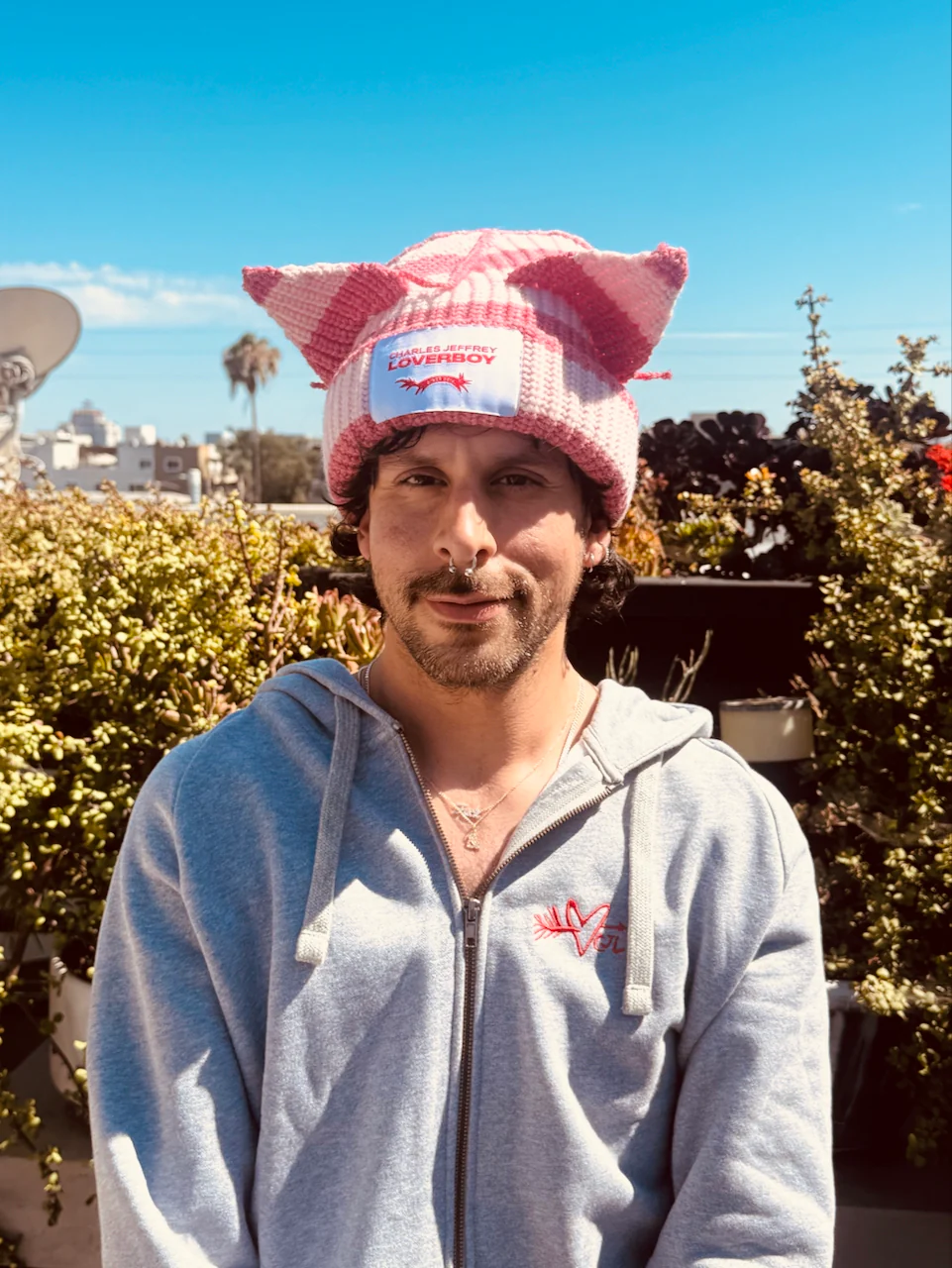 LOVERBOY BY CHARLES JEFFREY CHUNKY EARS BEANIE in PINK STRIPE - Image 2