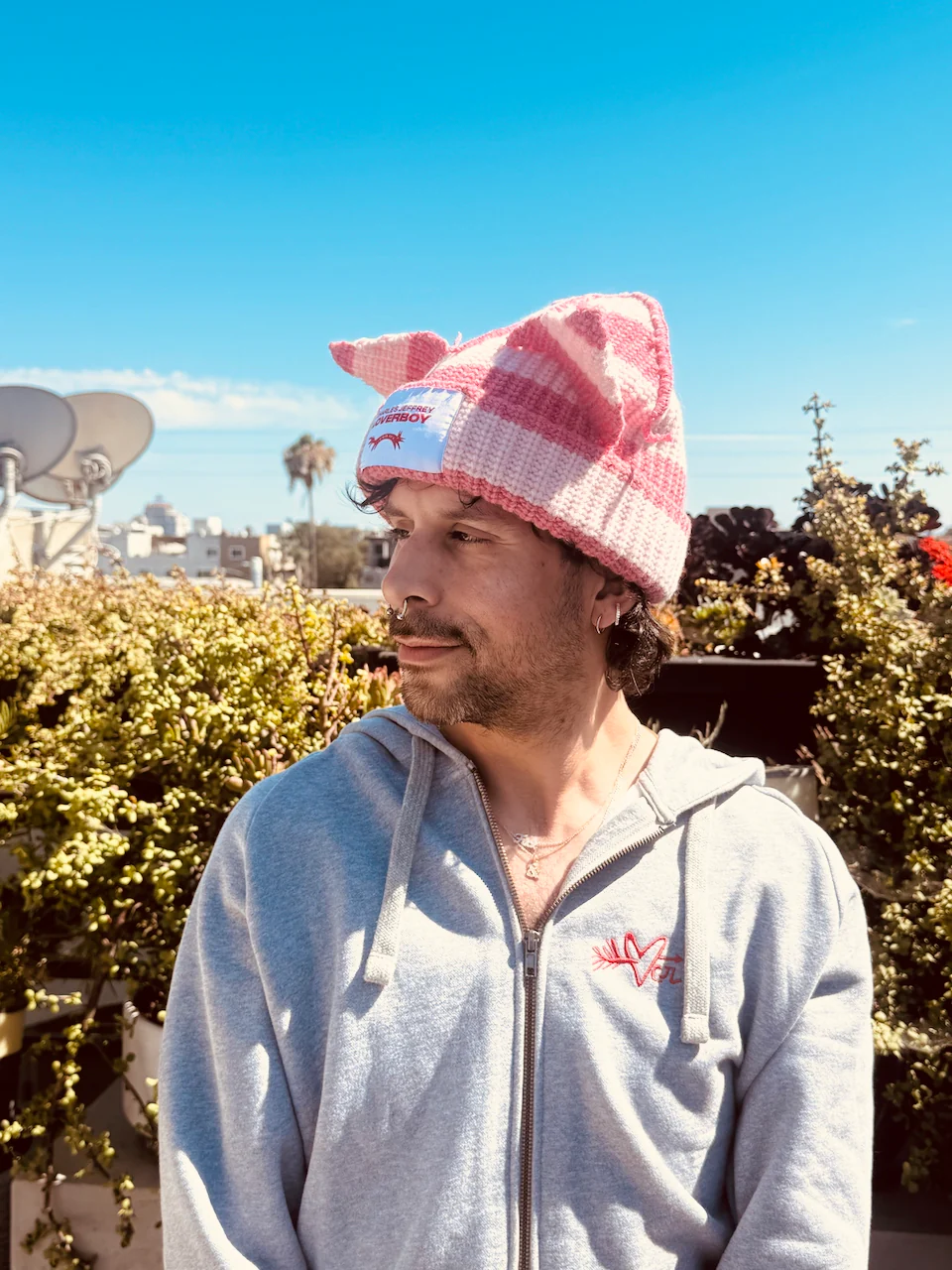 LOVERBOY BY CHARLES JEFFREY CHUNKY EARS BEANIE in PINK STRIPE - Image 3