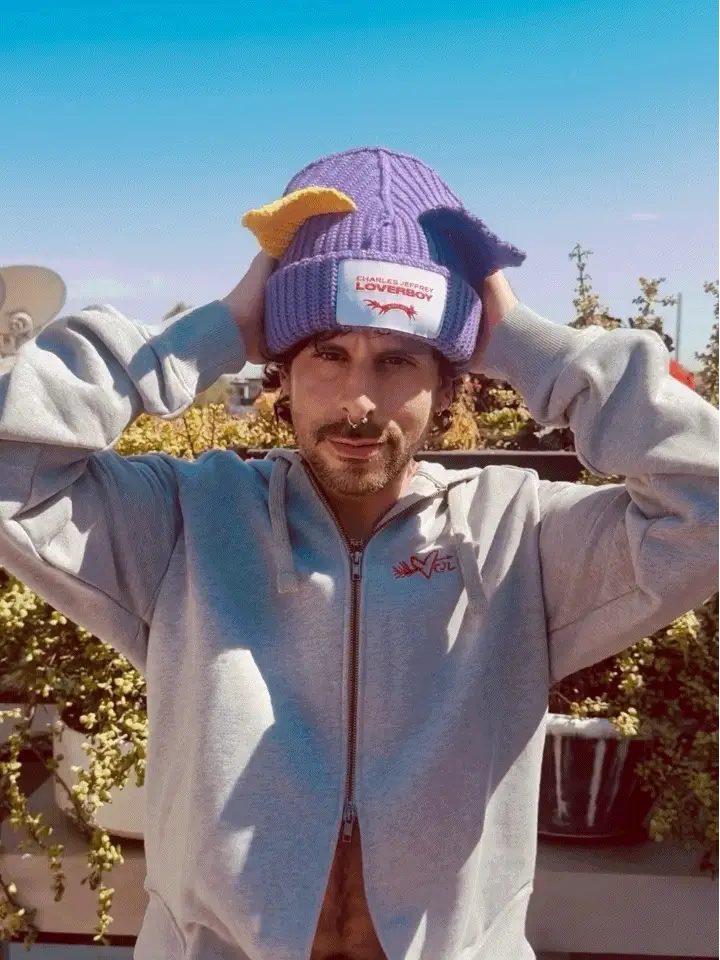 LOVERBOY BY CHARLES JEFFREY CHUNKY EARS BEANIE in PURPLE / YELLOW