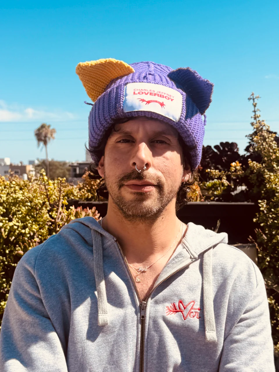 LOVERBOY BY CHARLES JEFFREY CHUNKY EARS BEANIE in PURPLE / YELLOW - Image 2