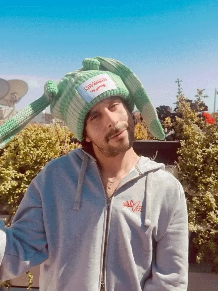 LOVERBOY BY CHARLES JEFFREY CHUNKY Rabbit BEANIE in Green Stripe