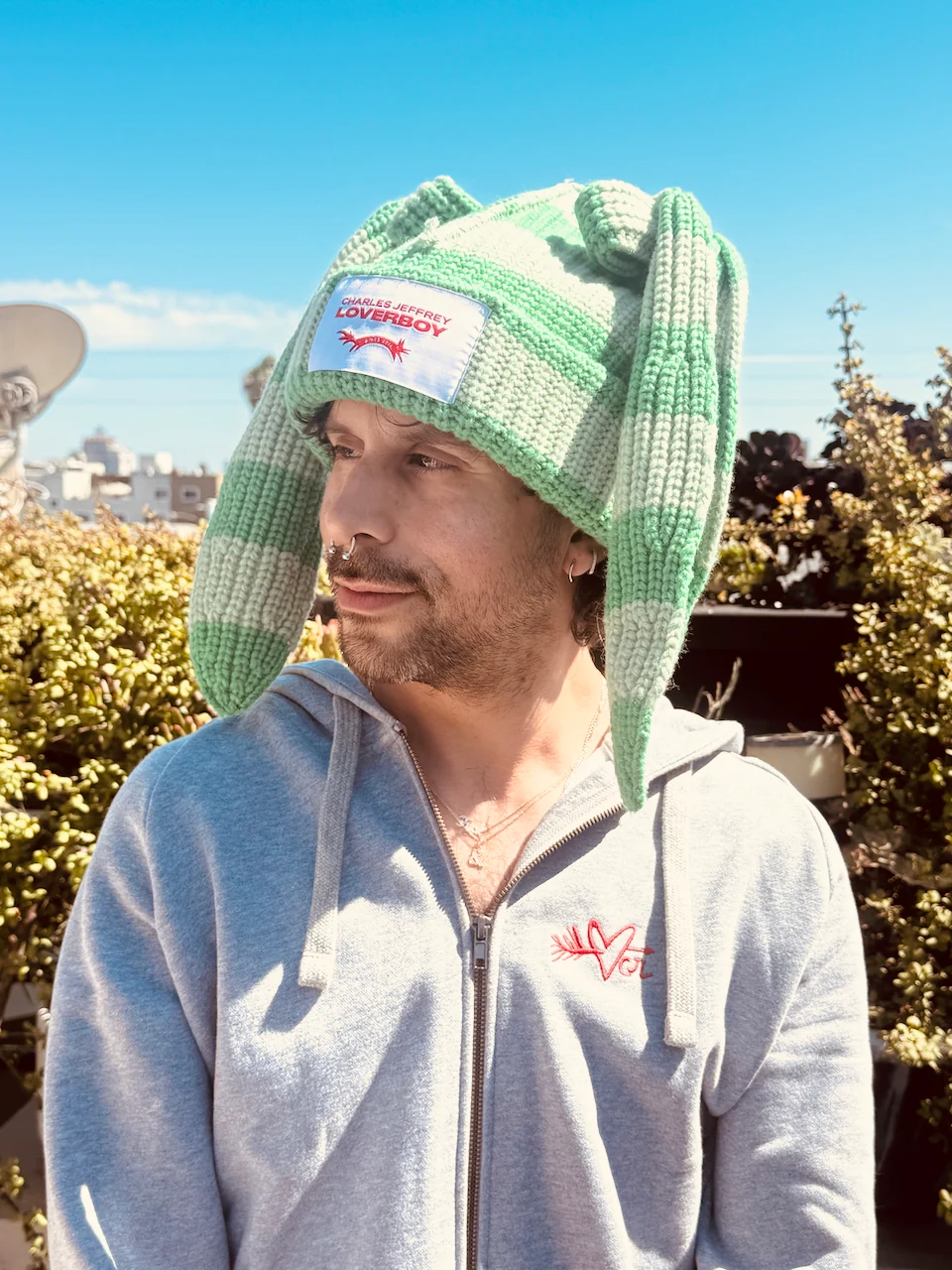 LOVERBOY BY CHARLES JEFFREY CHUNKY Rabbit BEANIE in Green Stripe - Image 4
