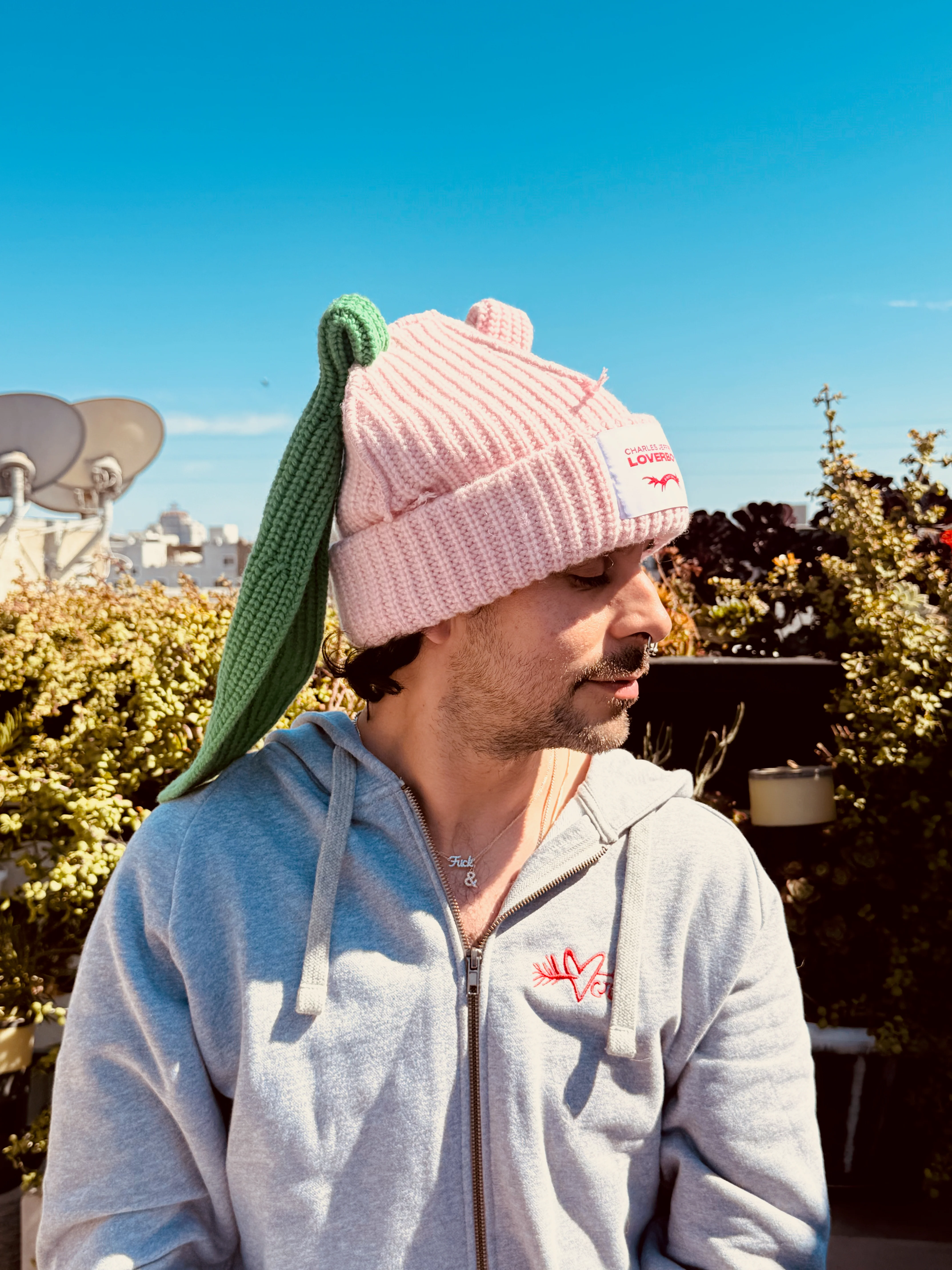 LOVERBOY BY CHARLES JEFFREY CHUNKY Rabbit BEANIE in PINK + light Green - Image 6
