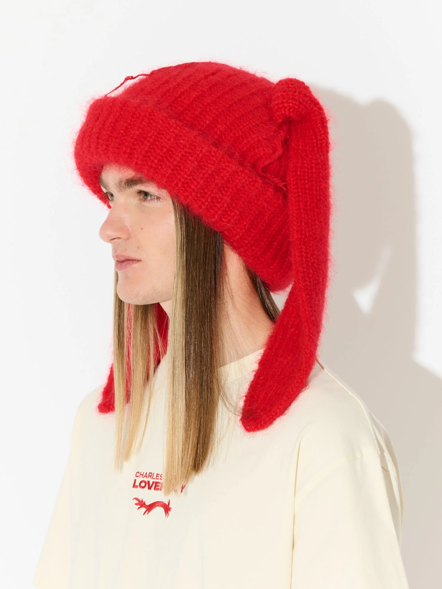 LOVERBOY BY CHARLES JEFFREY MOHAIR CHUNKY RABBIT BEANIE in RED - Image 7