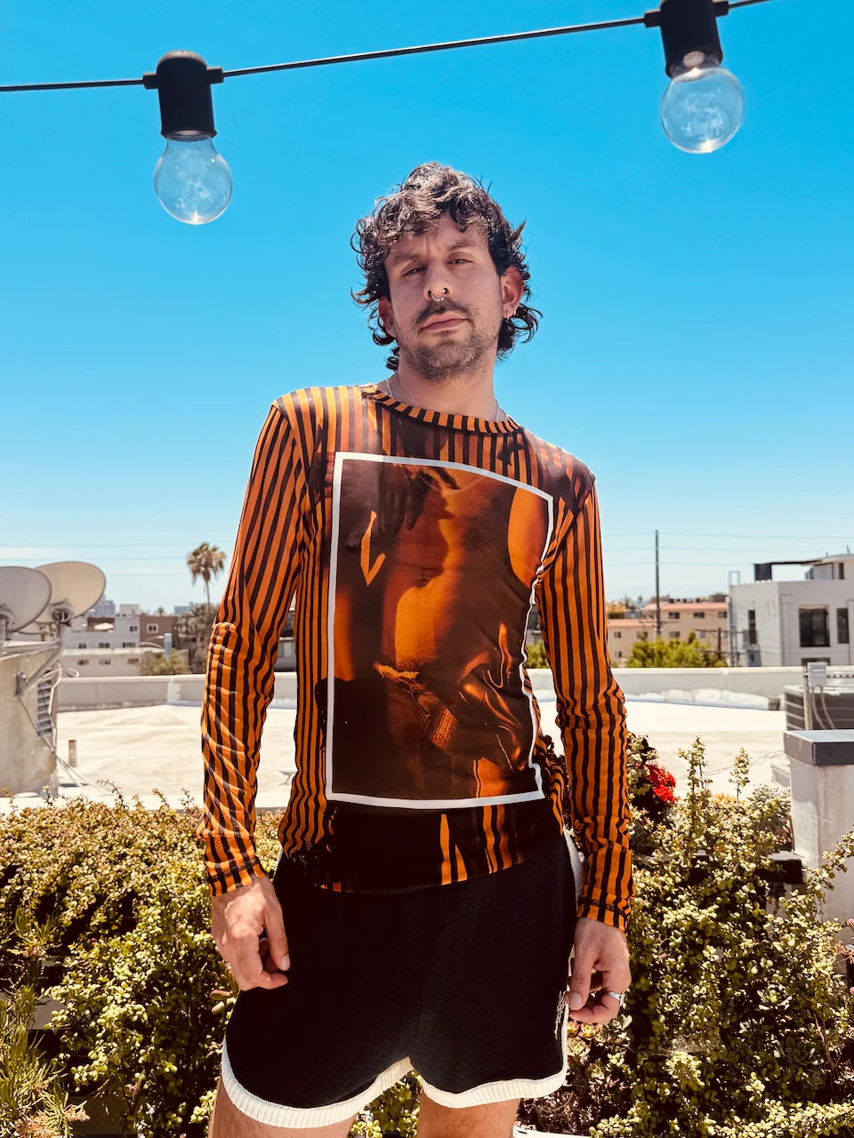 LOVERBOY BY CHARLES JEFFREY POWERMESH LONG SLEEVE TEE in ORANGE BLACK - Image 2