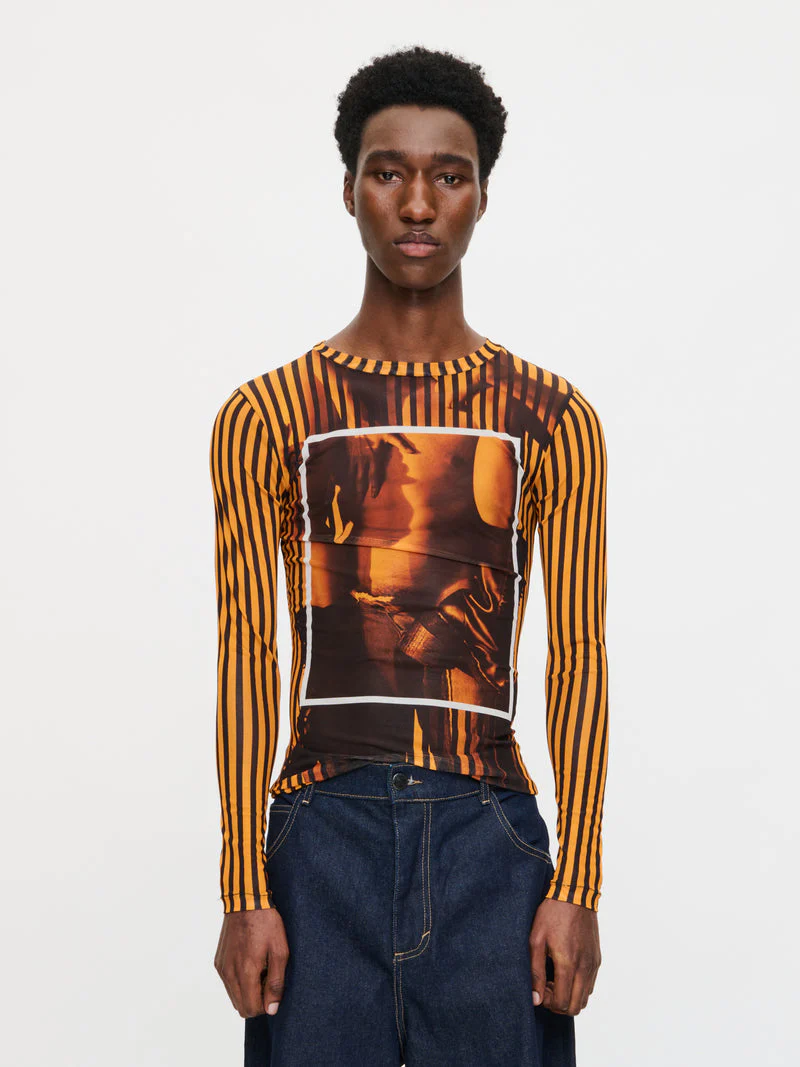 LOVERBOY BY CHARLES JEFFREY POWERMESH LONG SLEEVE TEE in ORANGE BLACK - Image 4